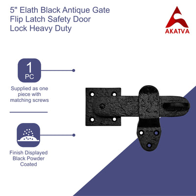 5" Elath Black Antique Gate Flip Latch Safety Door Lock Heavy Duty - Black Powder Coated Finish