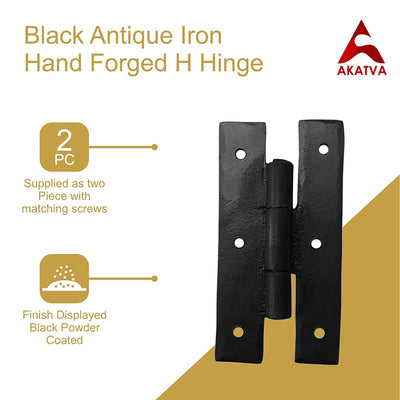 Black Antique Iron Hand Forged H Hinge - Black Powder Coated