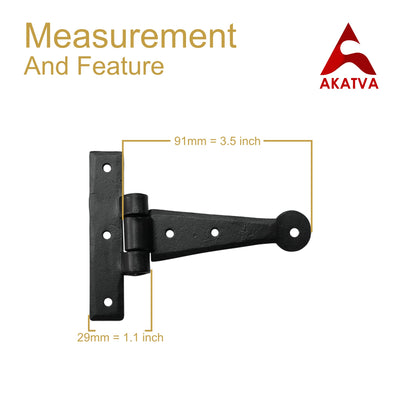 Black Antique Iron Hand Forged Cabinet T-Hinge Set - 2 Piece Gate Hinges for Wooden and Metal Fences, Doors, Cabinets - Black Powder Coated Finish