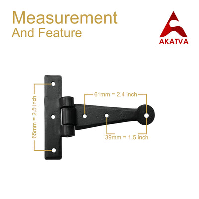 Black Antique Iron Hand Forged Cabinet T-Hinge Set - 2 Piece Gate Hinges for Wooden and Metal Fences, Doors, Cabinets - Black Powder Coated Finish