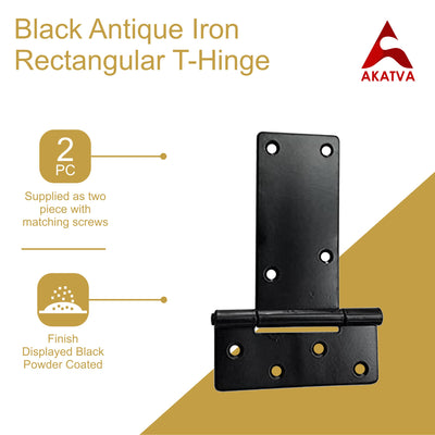 Black Antique Iron Rectangular T-Hinge T-Hinge Set - 2 Piece Gate Hinges for Wooden and Metal Fences, Doors, Cabinets - Black Powder Coated Finish