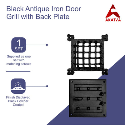 Akatva Rustic Speakeasy Door Grill – Window Iron Grill – Iron Speakeasy Grill – Black Window Security Grill – Heavy Duty Decorative Security Window Grille – Black Door Grill with Back Plate