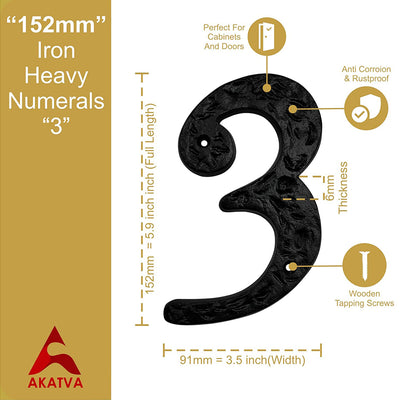 6" Iron Heavy Numerals (3) - Black Powder Coated Finish