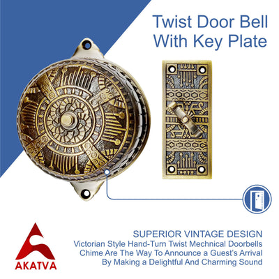 Vintage Twist Bell with Key Plate Longer Shaft–  Victorian Home Twist Bell With Customized Shaft –  (Antique Brass Finish)