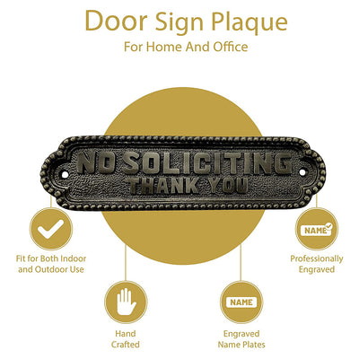 "No Soliciting Thank You" Brass Door Sign Plaque - Antique Brass Finish