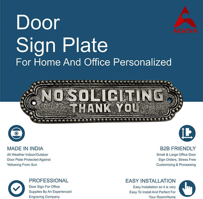 "No Soliciting Thank You" Brass Door Sign Plaque - Antique Brushed Nickel Finish