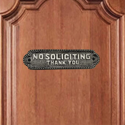 "No Soliciting Thank You" Brass Door Sign Plaque - Antique Brushed Nickel Finish