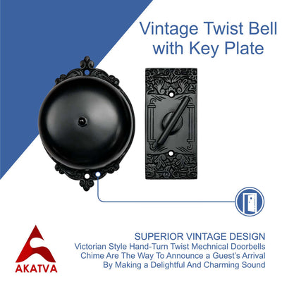 Vintage Twist Bell with Key Plate Longer Shaft– Victorian Home Twist Bell With Customized Shaft – (Antique Black Finish)