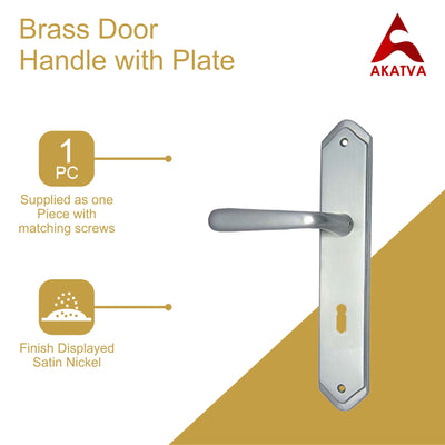 Brass Door Handle with Plate - Satin Nickel