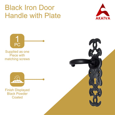 BLACK IRON DOOR HANDLE WITH PLATE - BLACK POWDER COATED FINISH