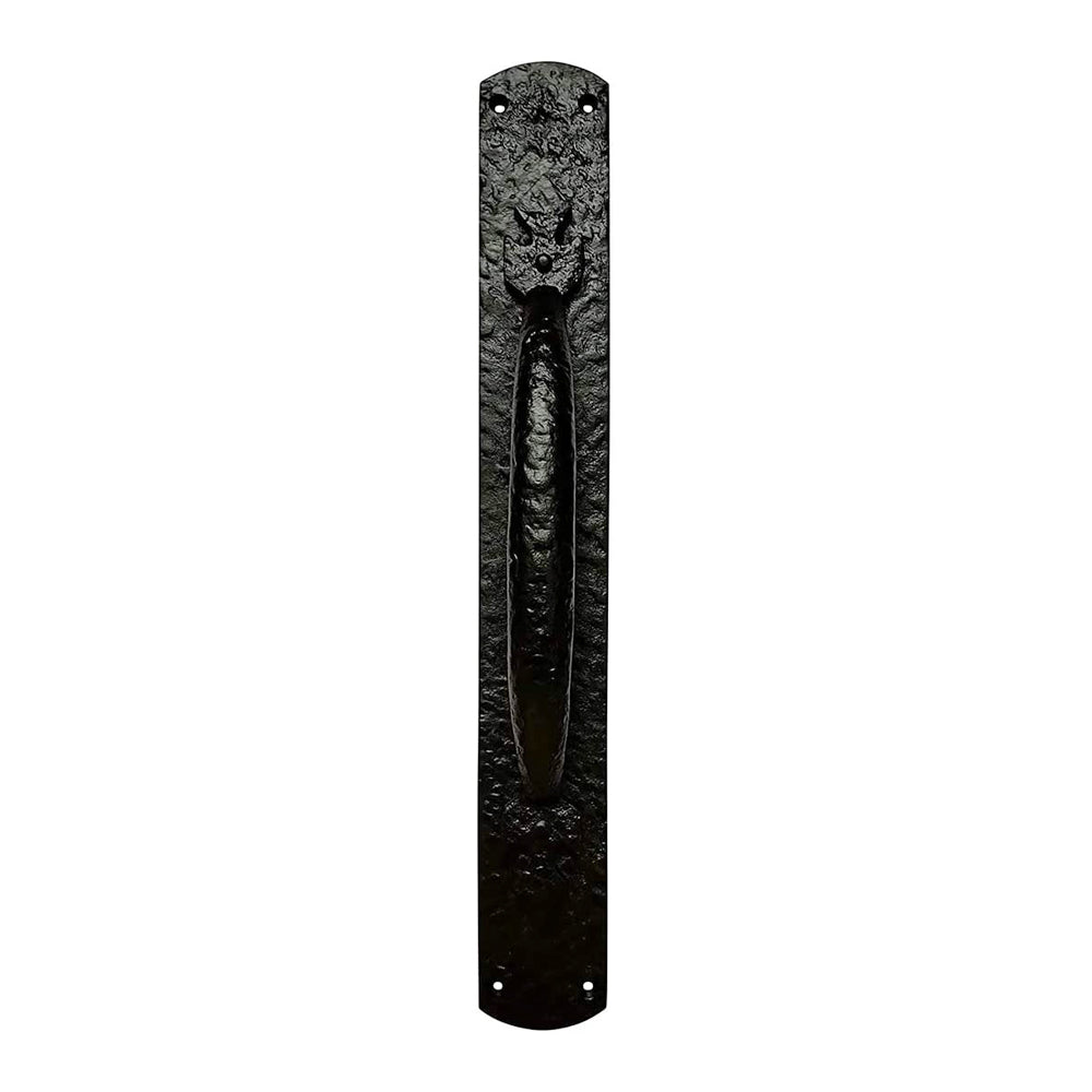 15.3" "Ghaghara" Black Antique Iron Door Pull with Plate – Black Powder Coated