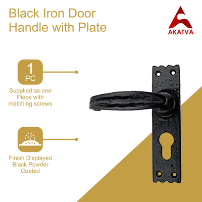 Black Iron Door Handle with Plate - Black Powder Coated