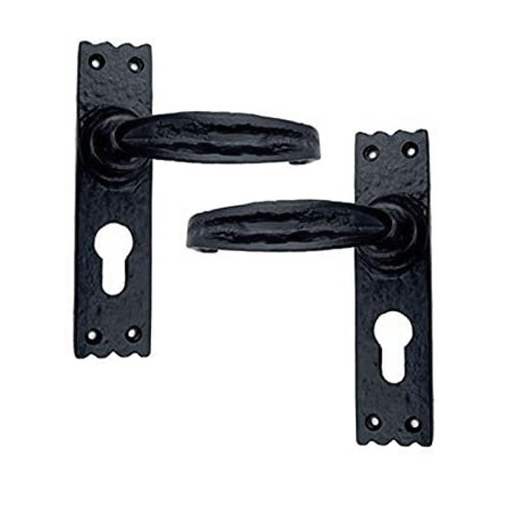 Black Iron Door Handle with Plate - Black Powder Coated