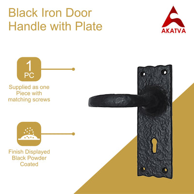 Black Iron Door Handle with Plate - Black Powder Coated Finish