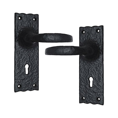 Black Iron Door Handle with Plate - Black Powder Coated Finish