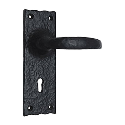 Black Iron Door Handle with Plate - Black Powder Coated Finish