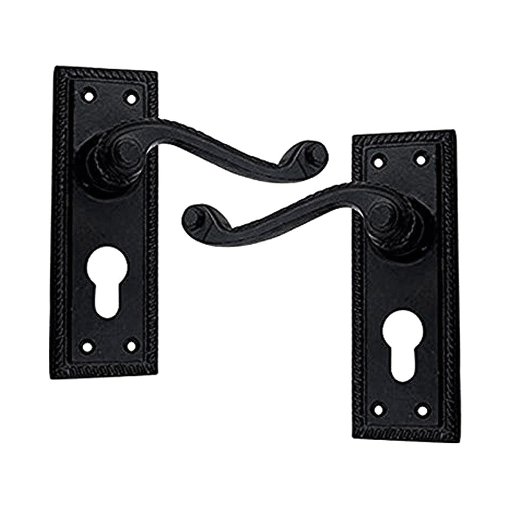 Black Iron Door Handle with Plate - Black Powder Coated Finish