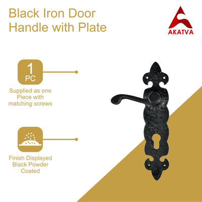 Black Iron Door Handle with Plate - Black Powder Coated Finish