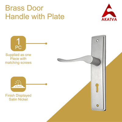 Brass Door Handle with Plate - Satin Nickel