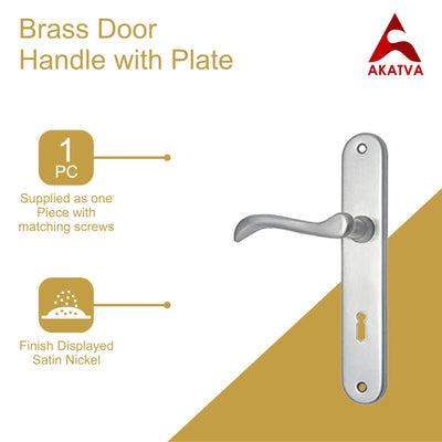 Brass Door Handle with Plate - Satin Nickel