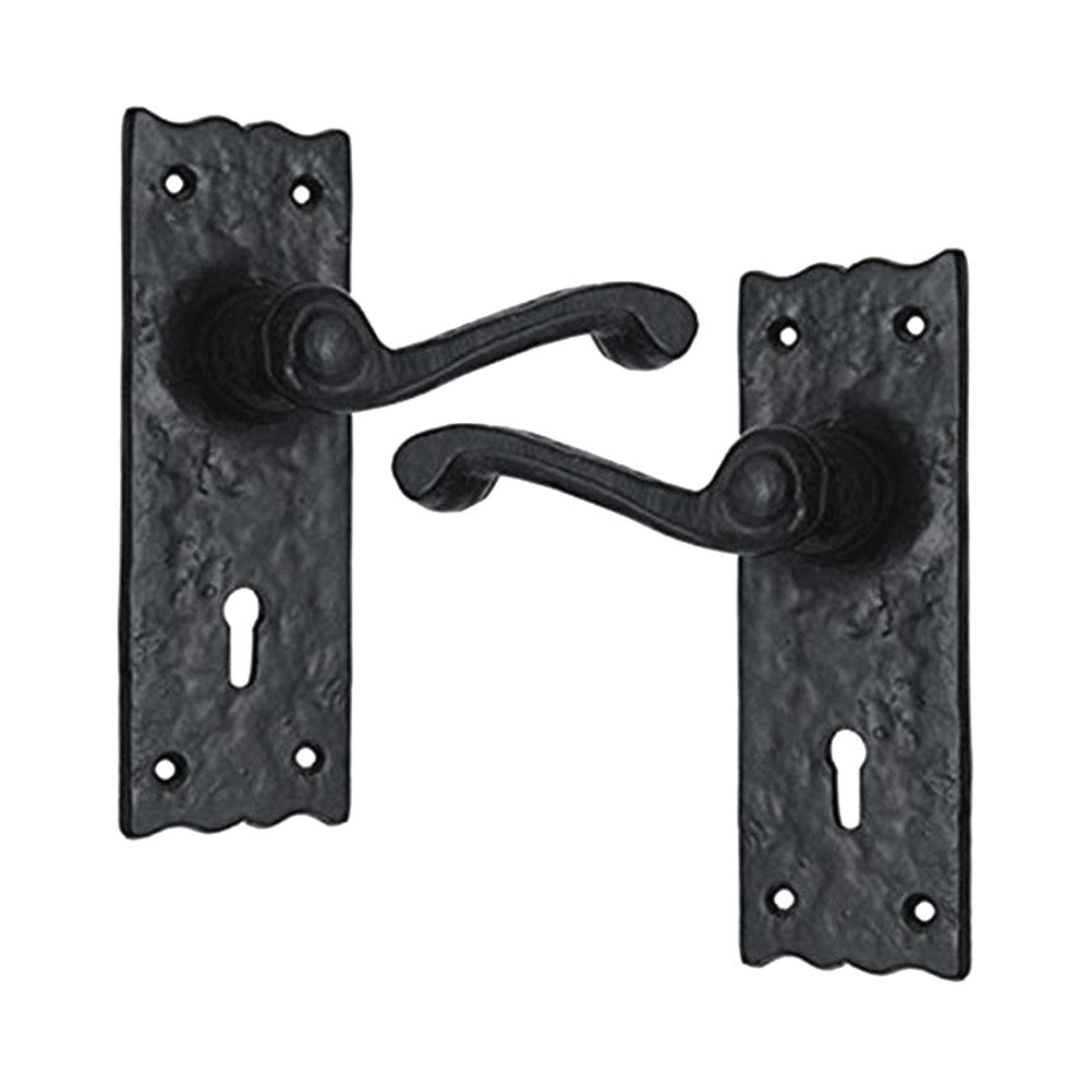 Black Iron Door Handle with Plate - Black Powder Coated Finish