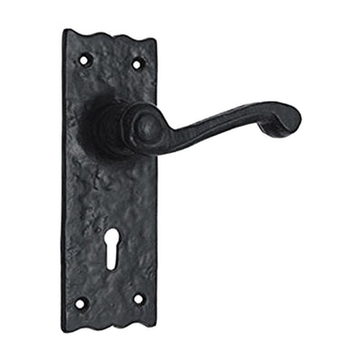 Black Iron Door Handle with Plate - Black Powder Coated Finish