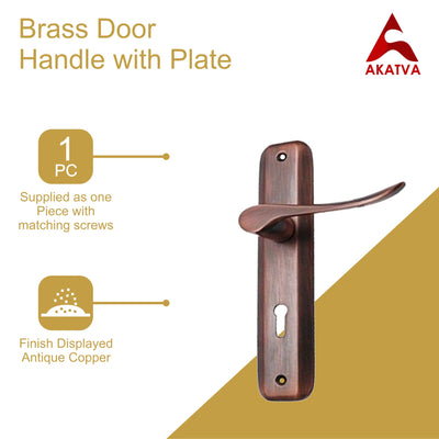 Brass Door Handle with Plate - Antique Copper