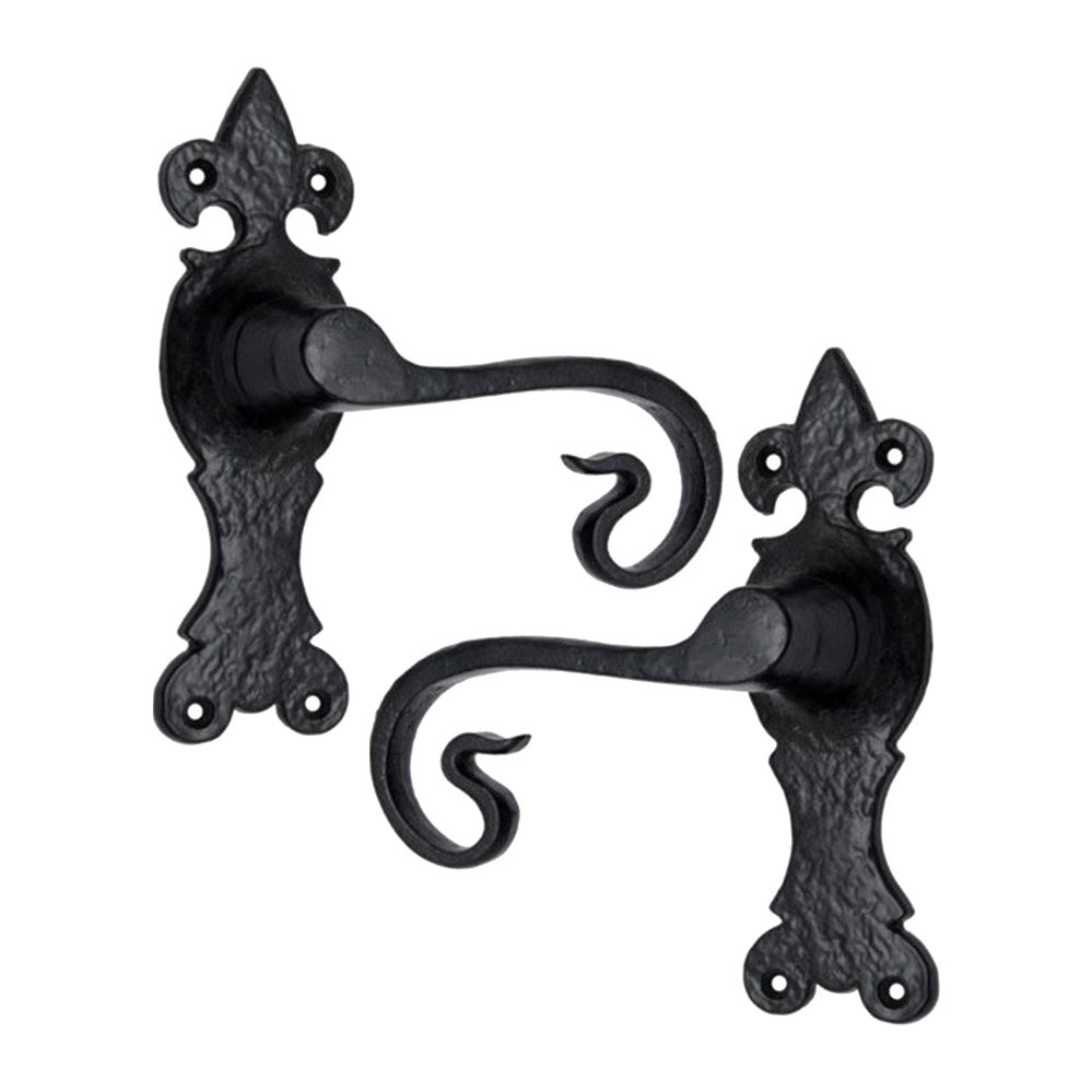 Black Iron Door Handle with Plate  - Black Powder Coated Finish