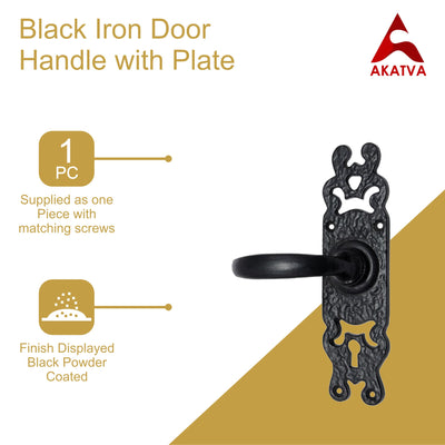 Black Iron Door Handle with Plate - Black Powder Coated Finish