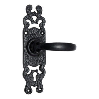 Black Iron Door Handle with Plate - Black Powder Coated Finish